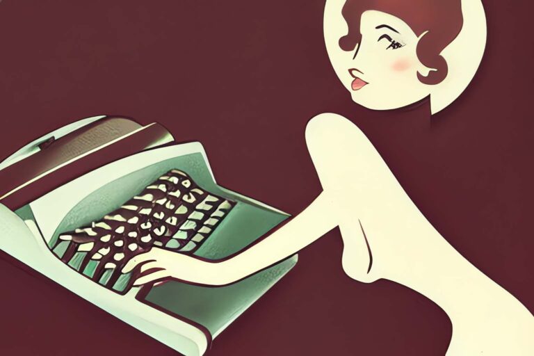 kunstnerisk portræt af kvindelig blogger der skriver på skrivemaskine